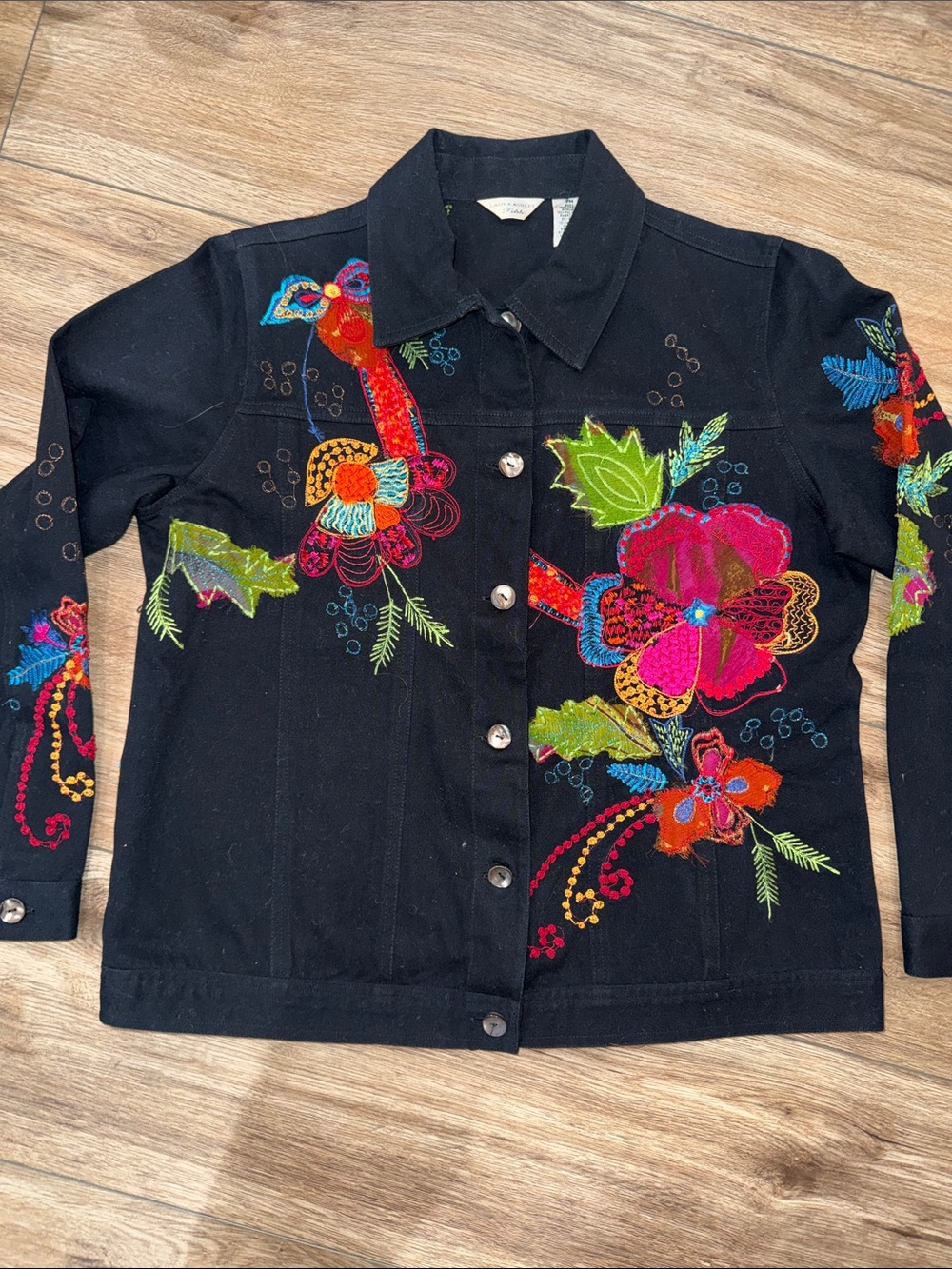 Laura Ashley Black Denim Jacket with Multicolor Floral Embroidery